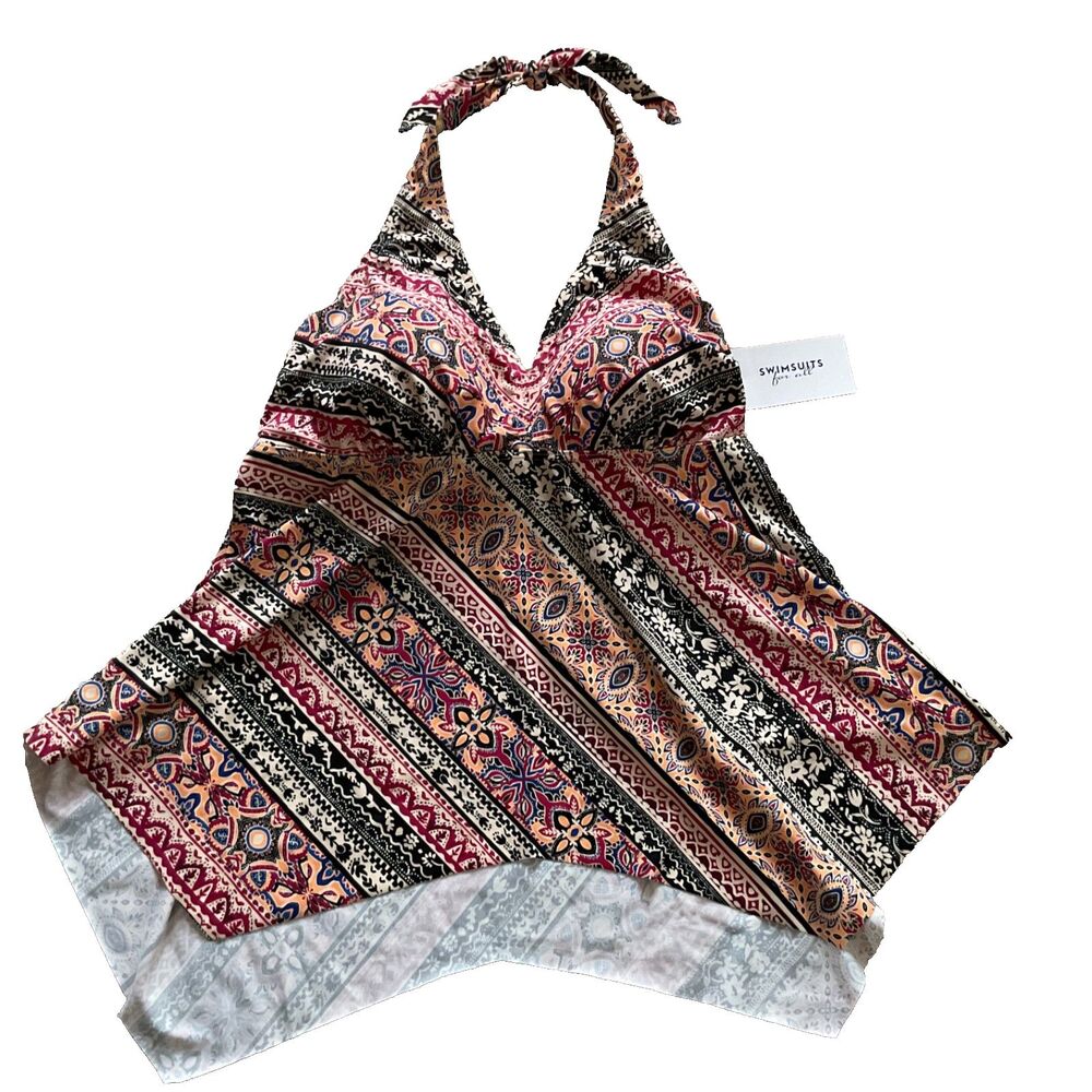 Swimsuits For All Handkerchief Halter Tankini Top 16 Neutral Scarf Multicolor
